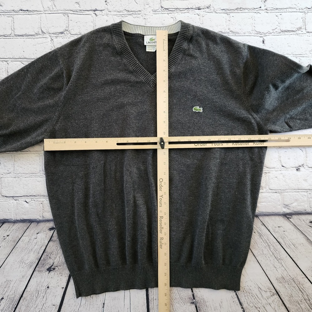 Lacoste Mens V-Neck Sweater Charcoal Gray Cotton Size 6 XL F5178 Crocodile Logo - Picture 4 of 8